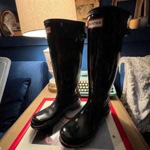 Women's Tall Glossy Black Hunter Rainboots, Size 7, Wide Calf